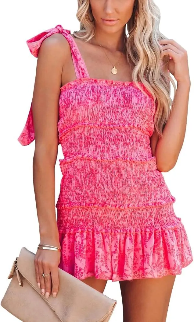 Women's Preppy Dress Summer Floral Spaghetti Strap Square Neck Ruffle Tie Mini Smocked Dress