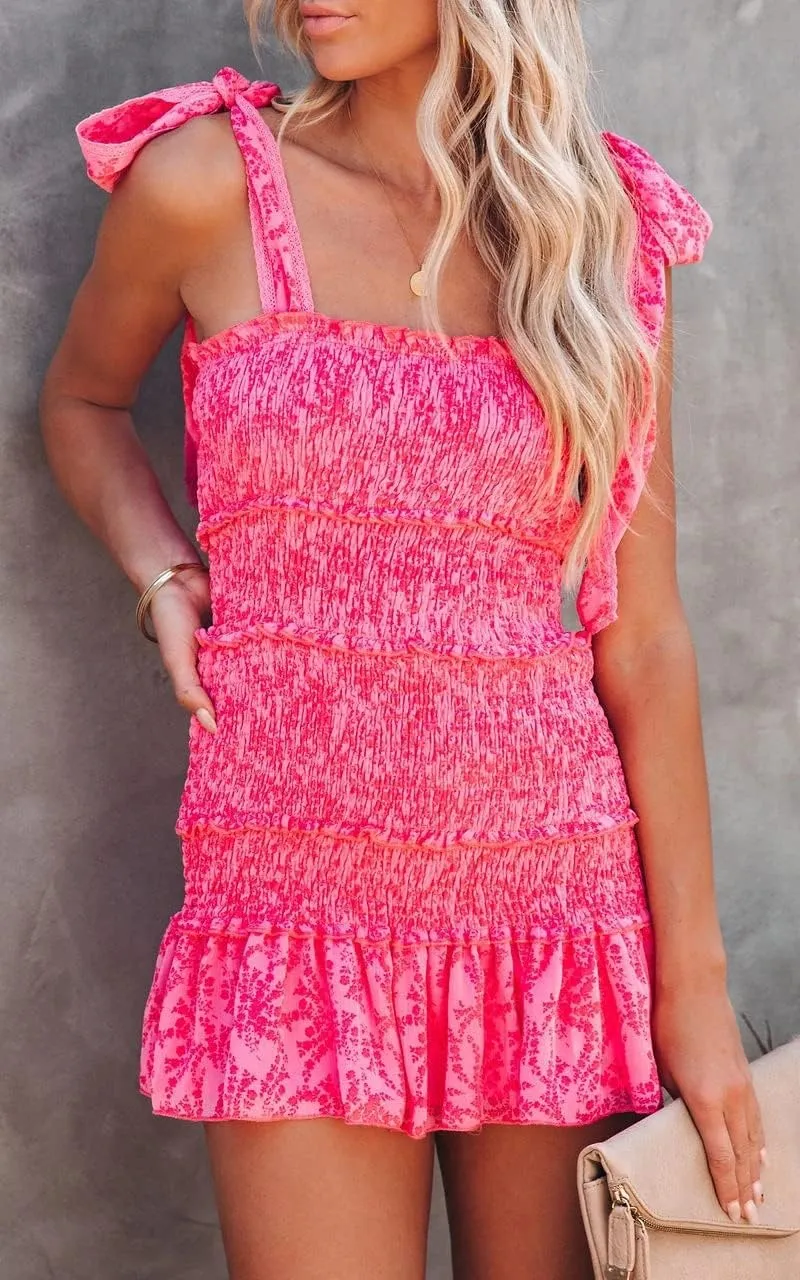 Women's Preppy Dress Summer Floral Spaghetti Strap Square Neck Ruffle Tie Mini Smocked Dress