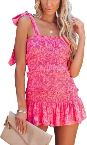 Women's Preppy Dress Summer Floral Spaghetti Strap Square Neck Ruffle Tie Mini Smocked Dress