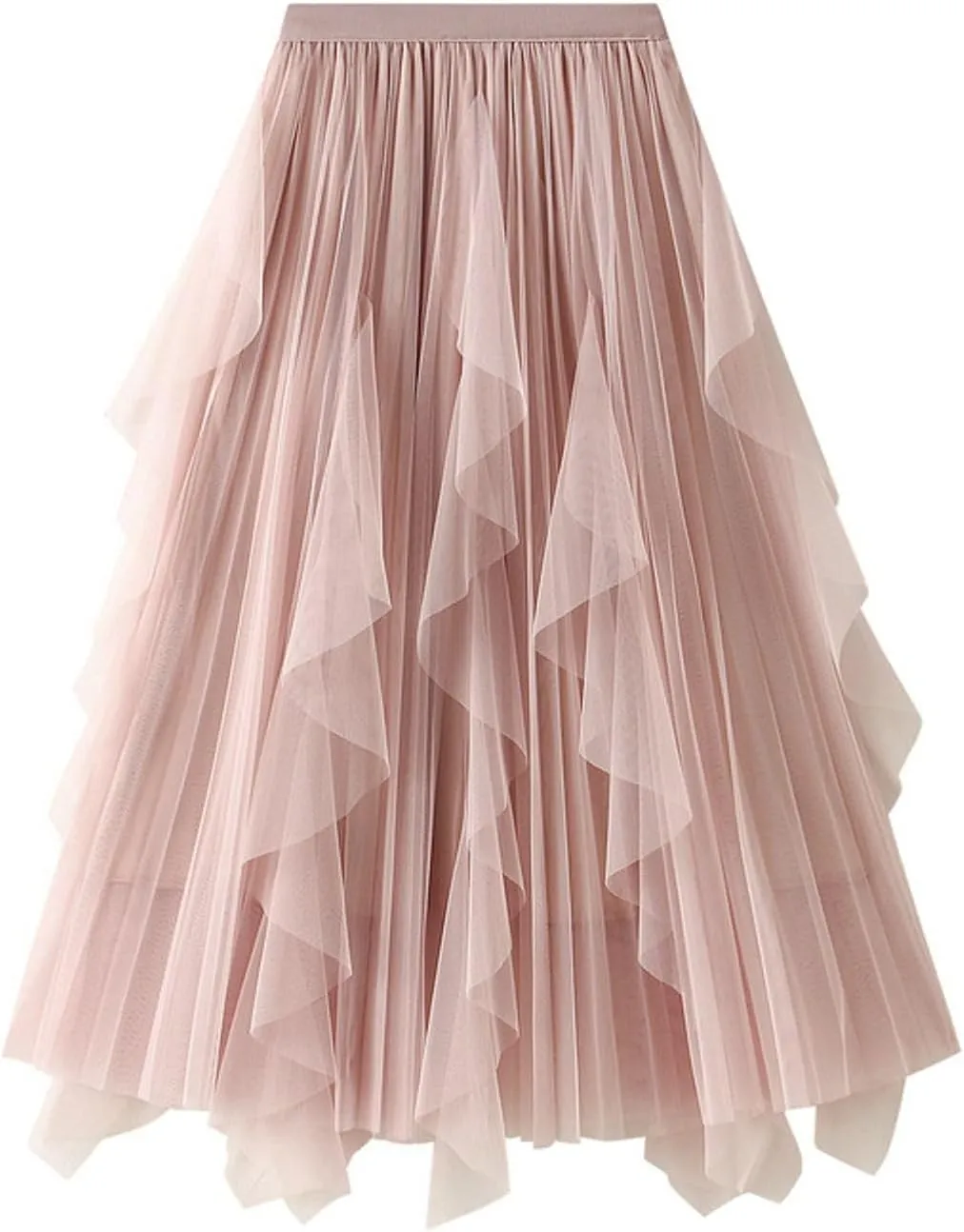Women's Ruffled Tulle Midi Skirt High Waist Pleated A-line Skirt for Elegant and Casual Occasions 2025 Summer Fashion