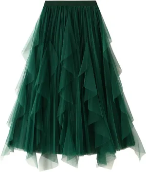 Women's Ruffled Tulle Midi Skirt High Waist Pleated A-line Skirt for Elegant and Casual Occasions 2025 Summer Fashion