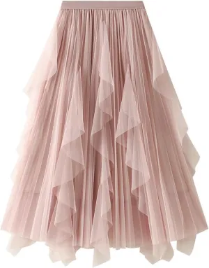 Women's Ruffled Tulle Midi Skirt High Waist Pleated A-line Skirt for Elegant and Casual Occasions 2025 Summer Fashion