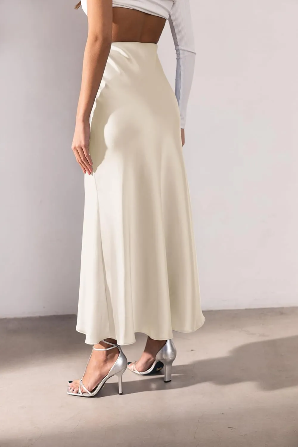 Women's Satin Silky High Waist Maxi Skirt Elegant Elastic Waistband A Line Long Skirts