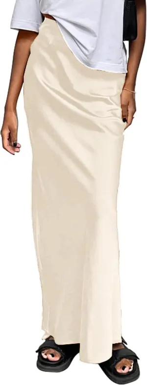 Women's Satin Silky High Waist Maxi Skirt Elegant Elastic Waistband A Line Long Skirts