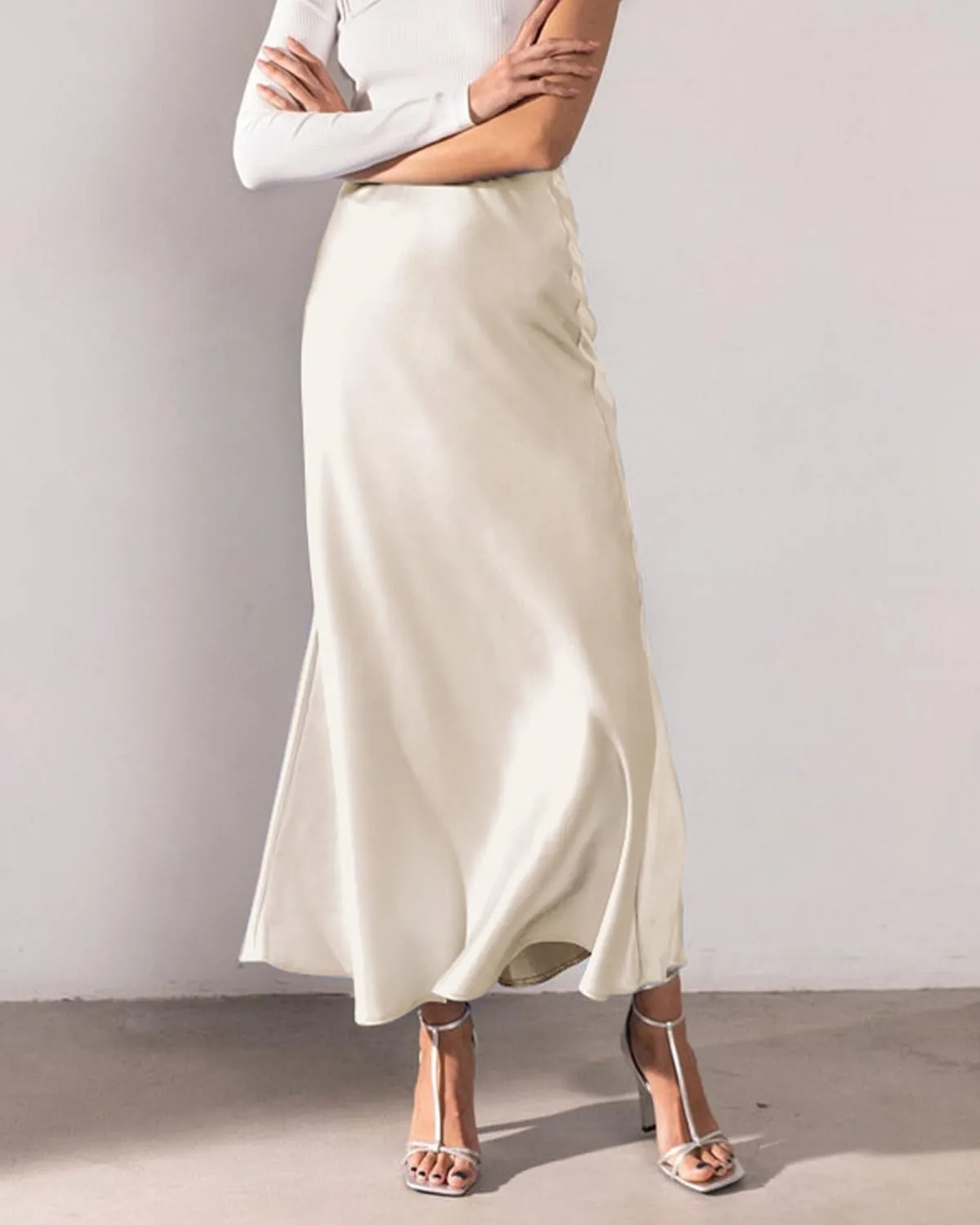 Women's Satin Silky High Waist Maxi Skirt Elegant Elastic Waistband A Line Long Skirts