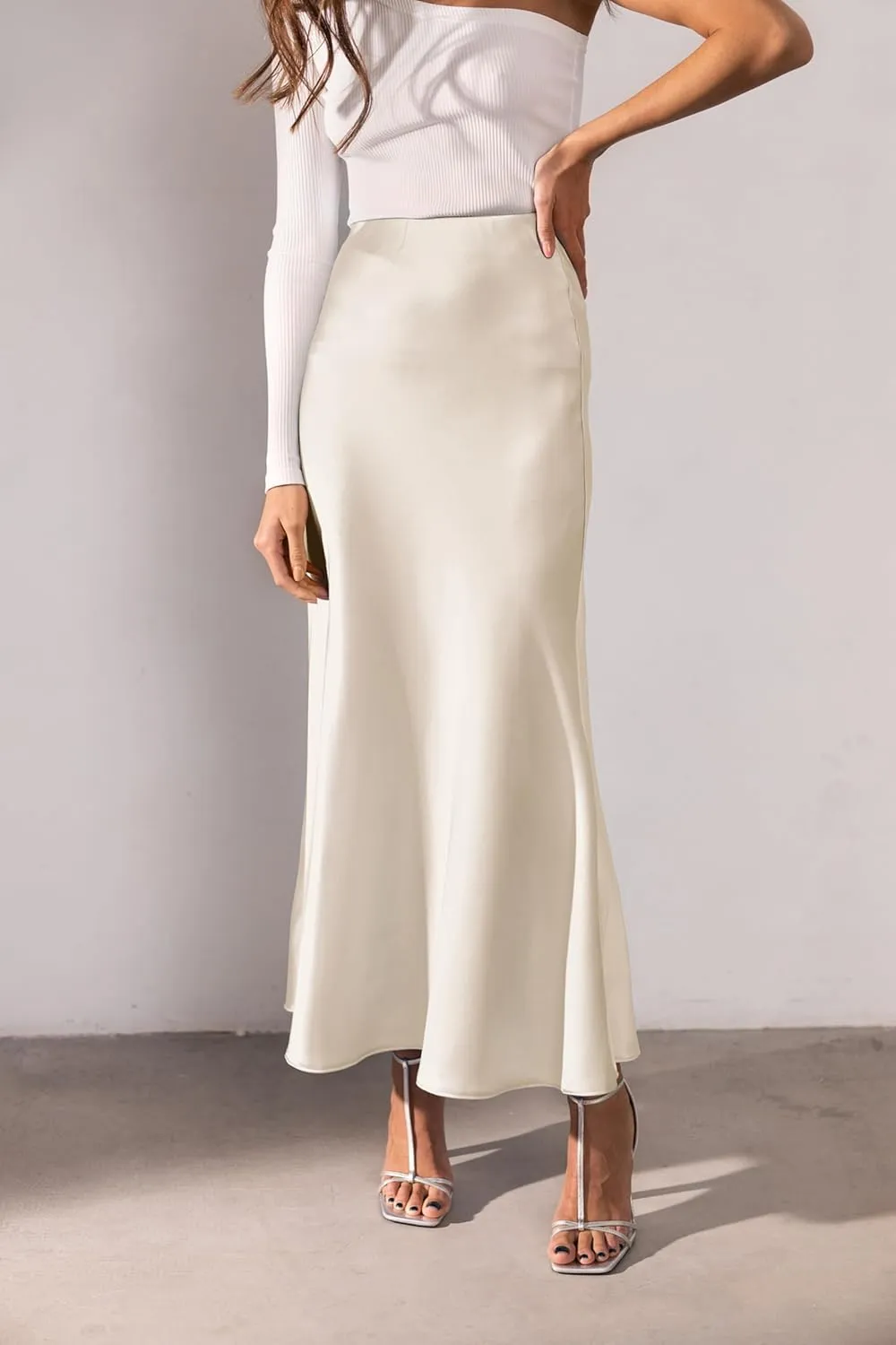 Women's Satin Silky High Waist Maxi Skirt Elegant Elastic Waistband A Line Long Skirts