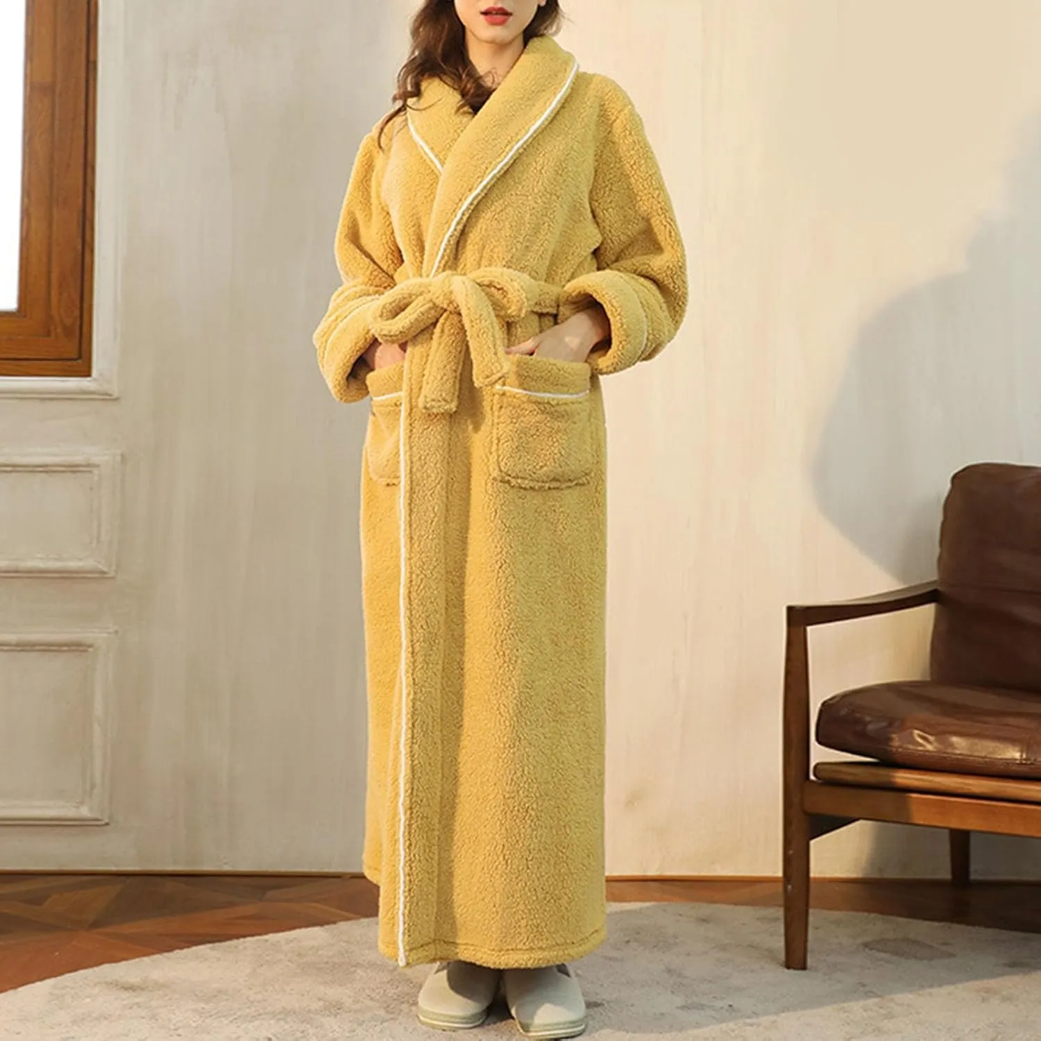 Women's Sherpa Plush Fluffy Robe Winter Warm Cozy Lounge Wear Flannel Bathrobes Soft Fluffy Nightwear Loungewear