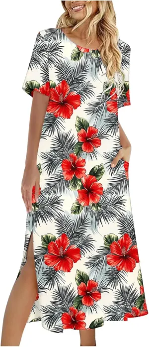 Women's Short Sleeve Boho Long Maxi Dresses Causal Vacation Floral Swing Dress Side Slits Beach Sundress with Pockets