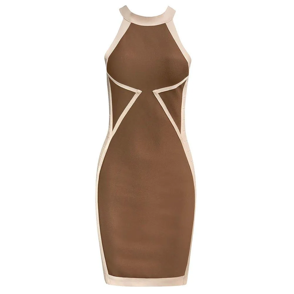 Women's Sleeveless Brown Bandage Mini Dress - Summer & Formal Floral GFIT