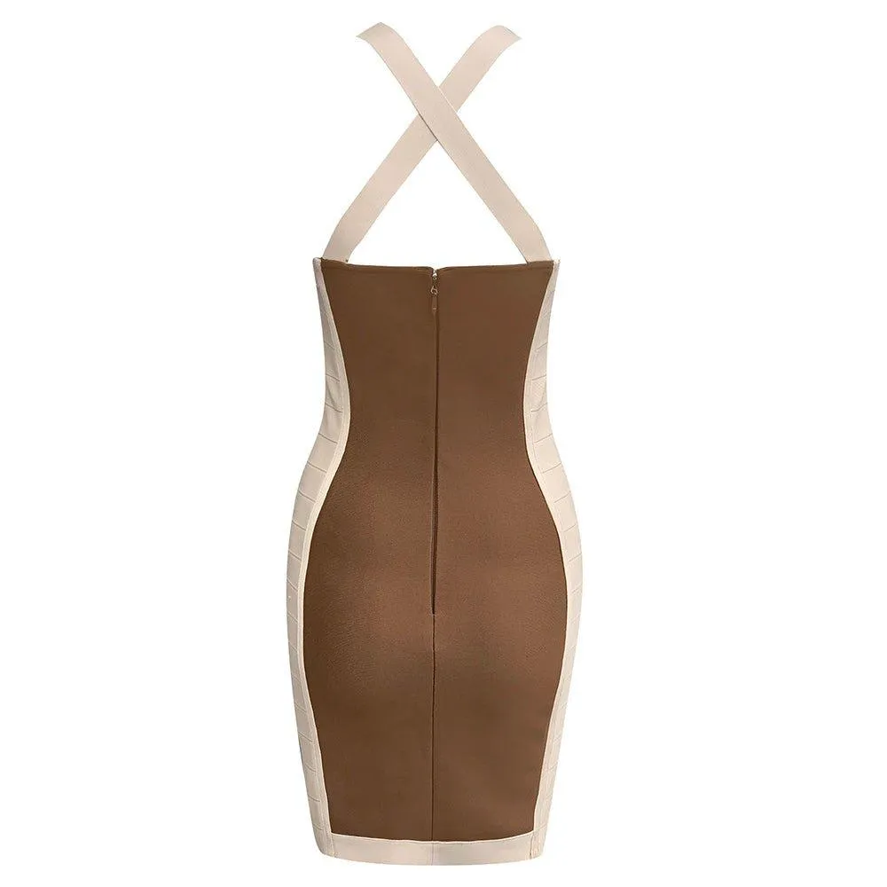 Women's Sleeveless Brown Bandage Mini Dress - Summer & Formal Floral GFIT