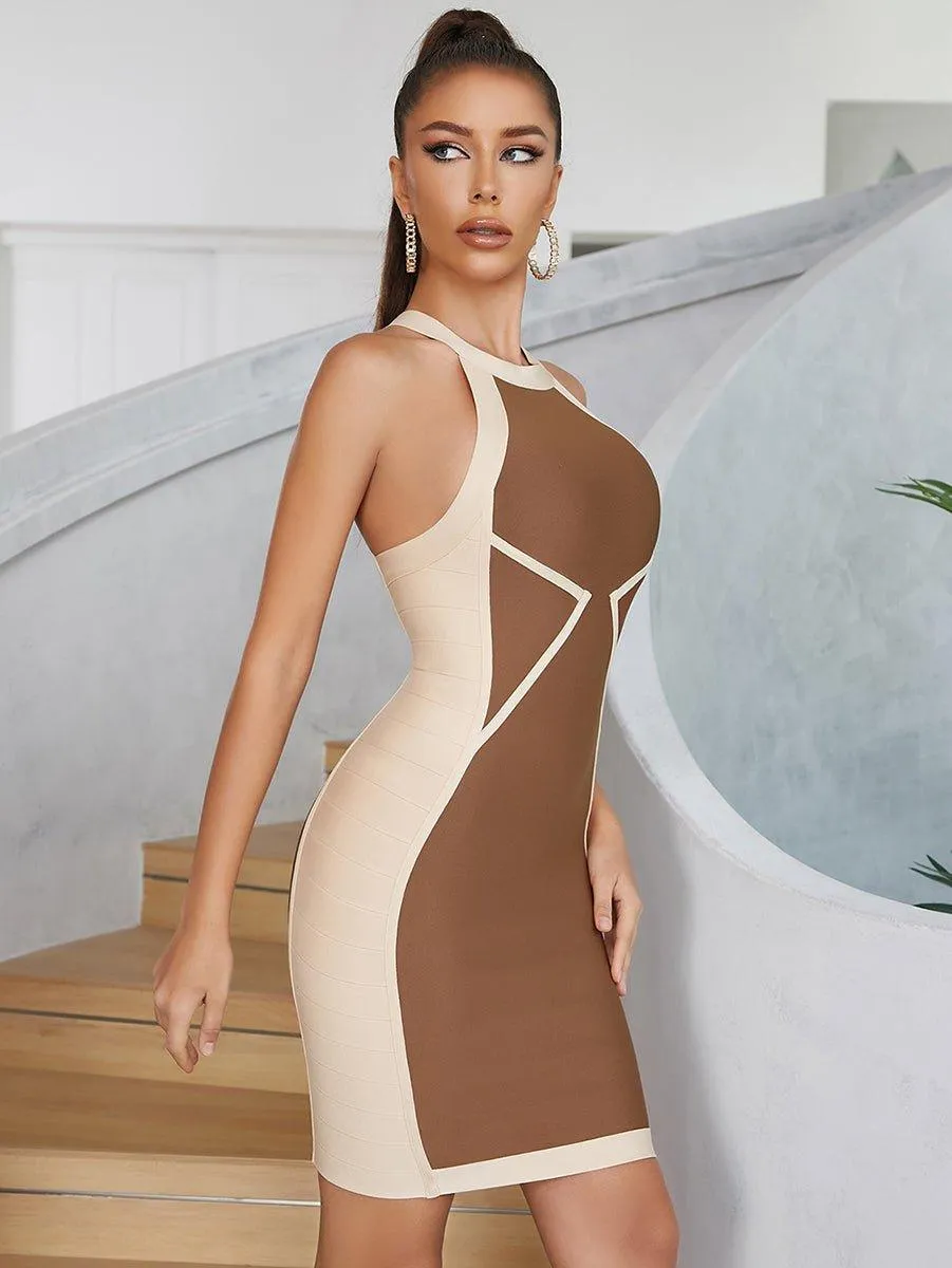 Women's Sleeveless Brown Bandage Mini Dress - Summer & Formal Floral GFIT