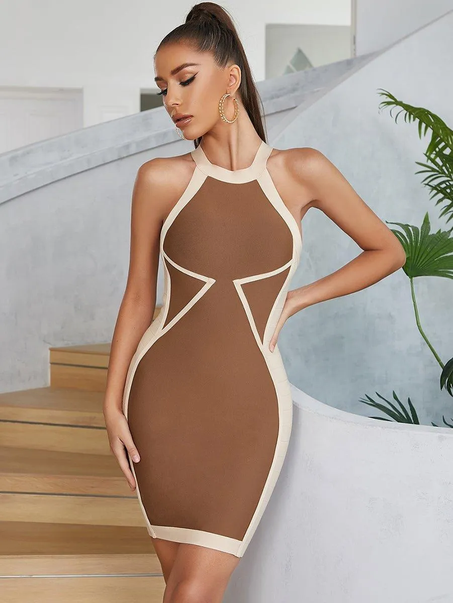Women's Sleeveless Brown Bandage Mini Dress - Summer & Formal Floral GFIT