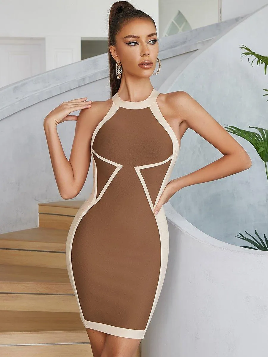 Women's Sleeveless Brown Bandage Mini Dress - Summer & Formal Floral GFIT