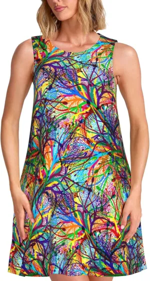 Womens Sleeveless Dress A-Line Flare Tank Dress Loose Sun Dresses Summer Flowy Swing Sundress Round Neck Outfit