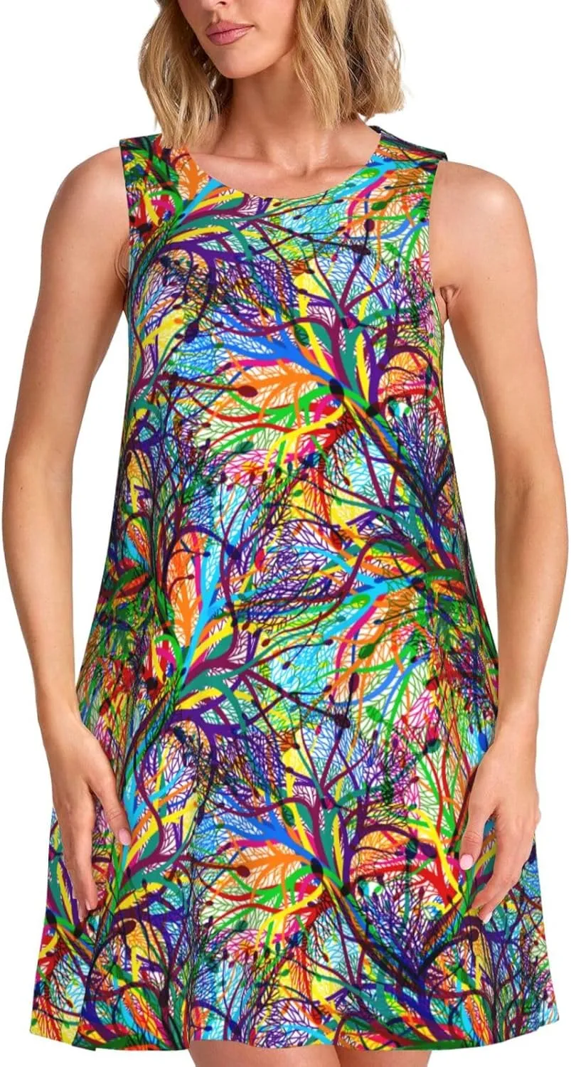 Womens Sleeveless Dress A-Line Flare Tank Dress Loose Sun Dresses Summer Flowy Swing Sundress Round Neck Outfit