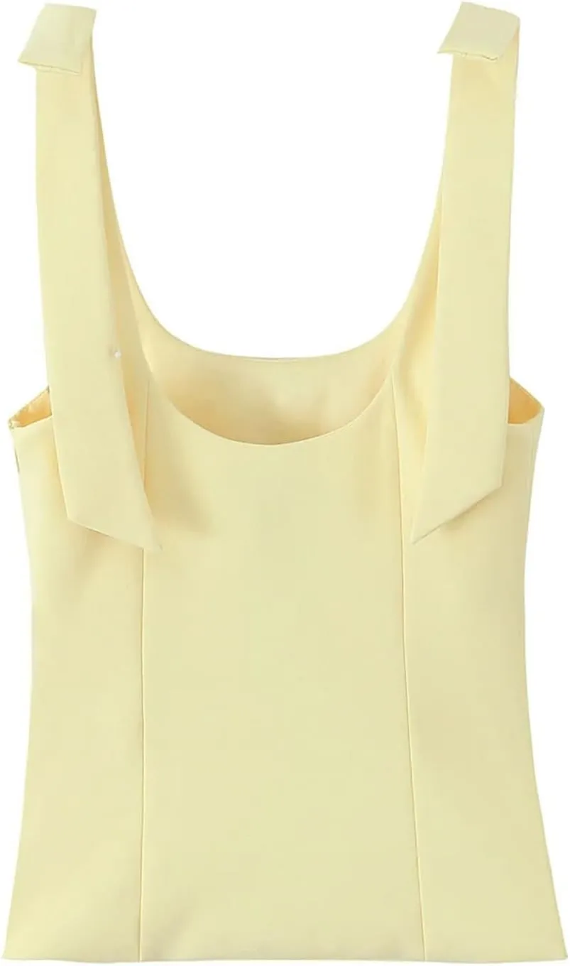 Women's Solid Color Bow Square Neck Camisole Tops Summer Sleeveless Street Side Zipper Slim Fit Tops
