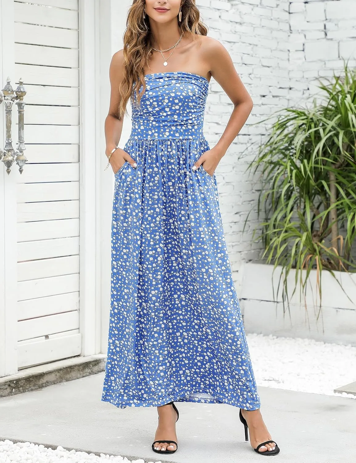 Womens Strapless Graceful Floral Party Maxi Dress