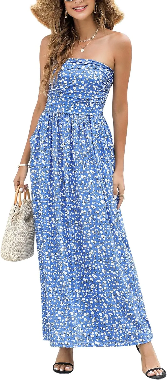 Womens Strapless Graceful Floral Party Maxi Dress
