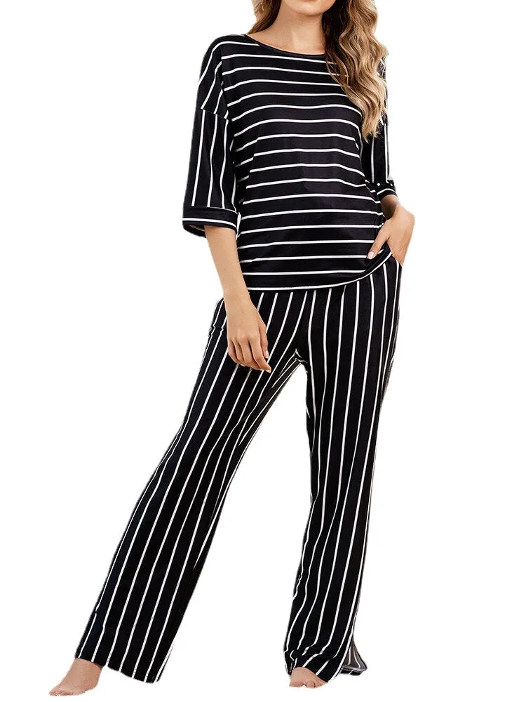 Women's Striped Pajama Set: Round Neck Top & Pocket Pants