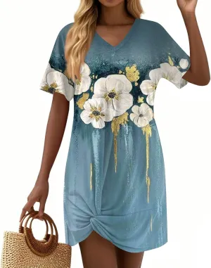 Womens Summer 2025 Casual Basic Dresses Lightweight Short Sleeve Round Neck Elastic Waist Boho Beach Dress