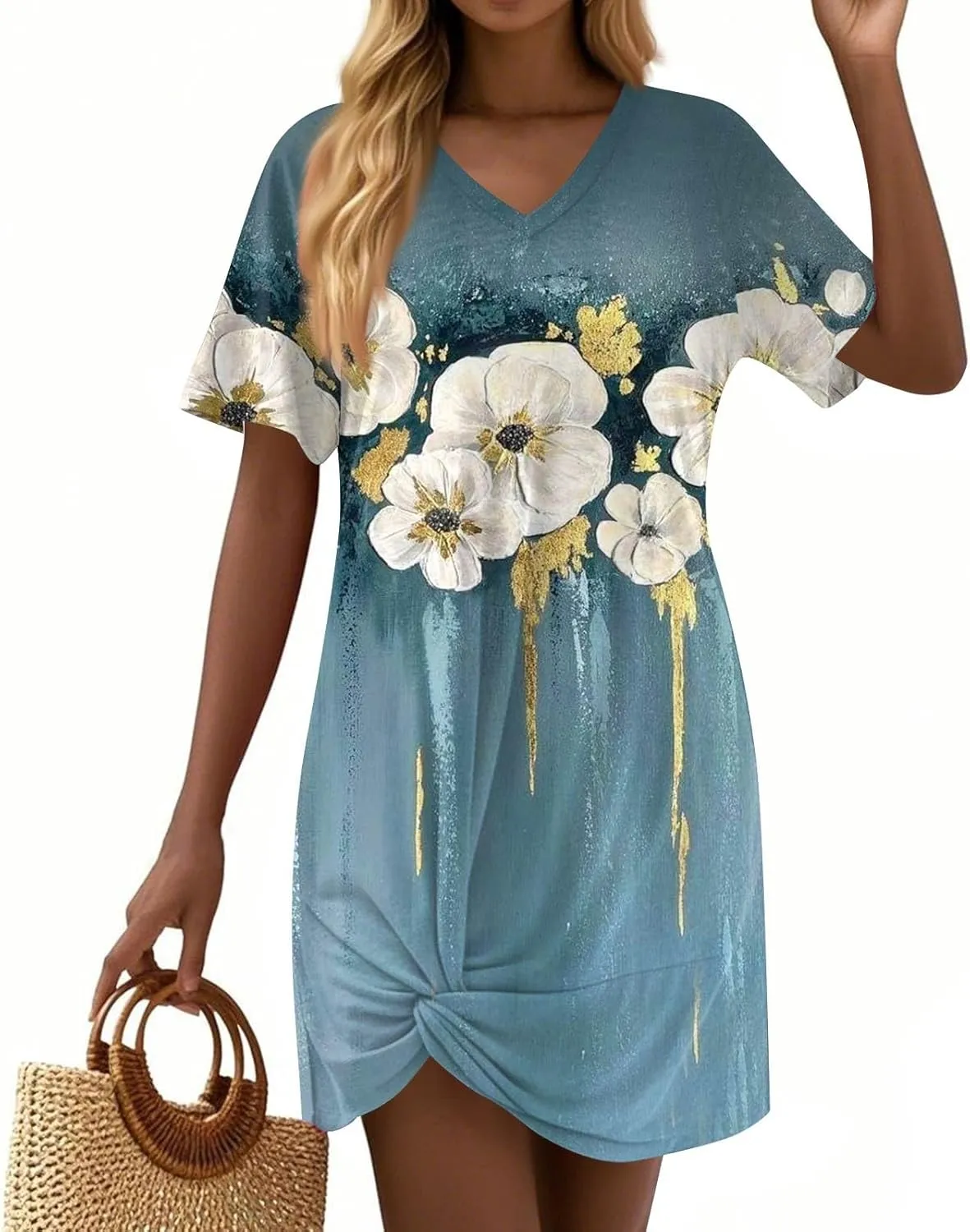 Womens Summer 2025 Casual Basic Dresses Lightweight Short Sleeve Round Neck Elastic Waist Boho Beach Dress