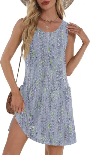 Womens Summer Dresses Casual Sundress Summer Boho Beach Dress V Neck Loose Tank Dresses with Pockets