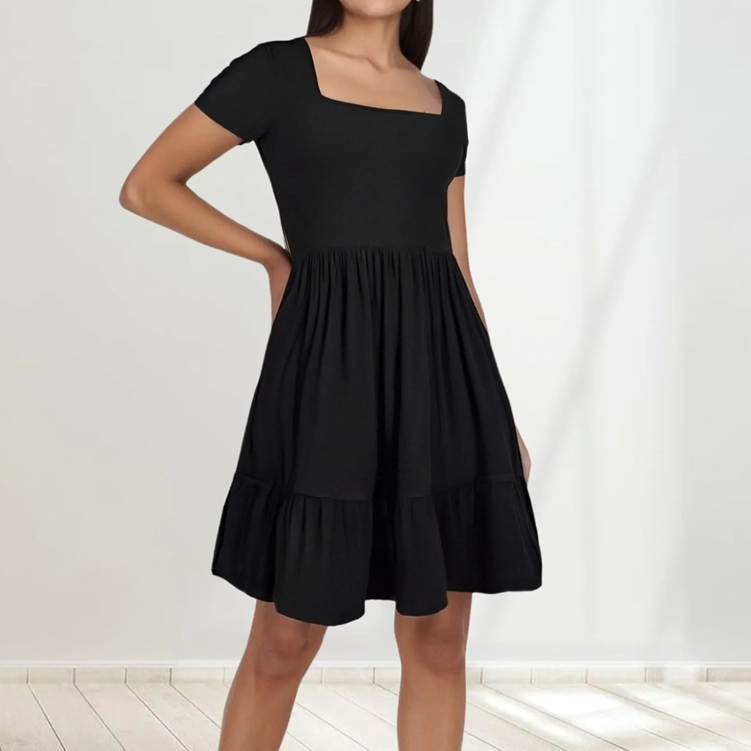 Womens Summer Dresses Square Neck Solid Color Short Sleeve Mini Dress Ruffle Flowy Comfy Fit Soft Vocation Beachwear