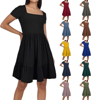 Womens Summer Dresses Square Neck Solid Color Short Sleeve Mini Dress Ruffle Flowy Comfy Fit Soft Vocation Beachwear