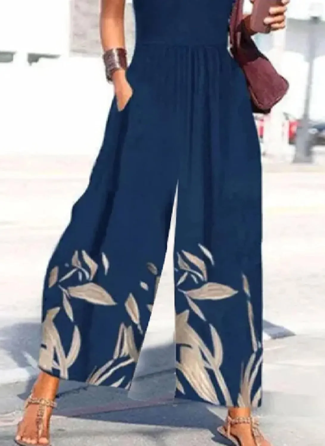 Womens Summer Jumpsuits Smocked Short Sleeve Wide Leg Long Romper Jumpers Plant Print Stylish 2025 Vacation Outfits