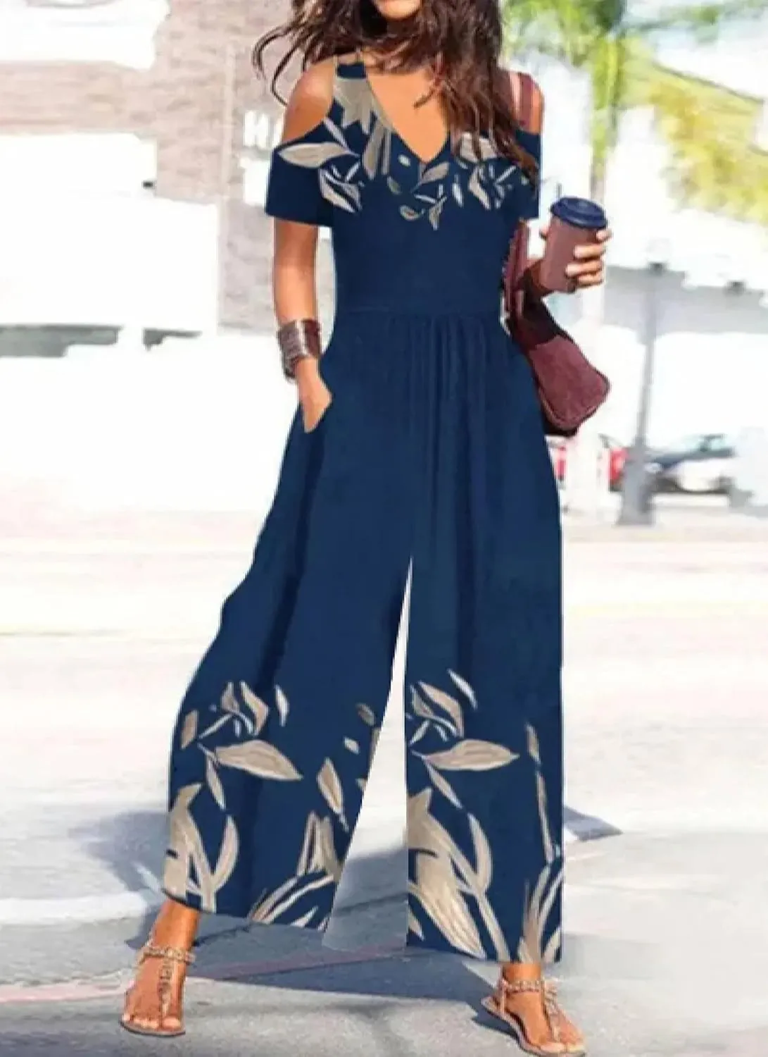 Womens Summer Jumpsuits Smocked Short Sleeve Wide Leg Long Romper Jumpers Plant Print Stylish 2025 Vacation Outfits