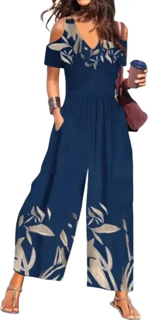 Womens Summer Jumpsuits Smocked Short Sleeve Wide Leg Long Romper Jumpers Plant Print Stylish 2025 Vacation Outfits