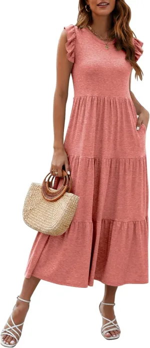 Women's Summer Sleeveless Maxi Dress Ruffle Sleeve Crewneck Tiered Flowy Pleated Casual A Line Sundress with Pockets