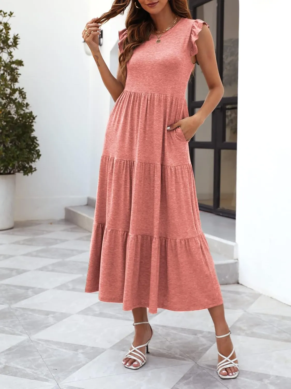 Women's Summer Sleeveless Maxi Dress Ruffle Sleeve Crewneck Tiered Flowy Pleated Casual A Line Sundress with Pockets
