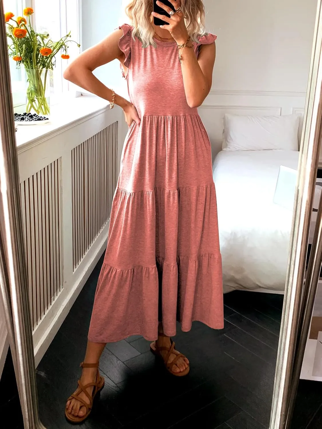 Women's Summer Sleeveless Maxi Dress Ruffle Sleeve Crewneck Tiered Flowy Pleated Casual A Line Sundress with Pockets