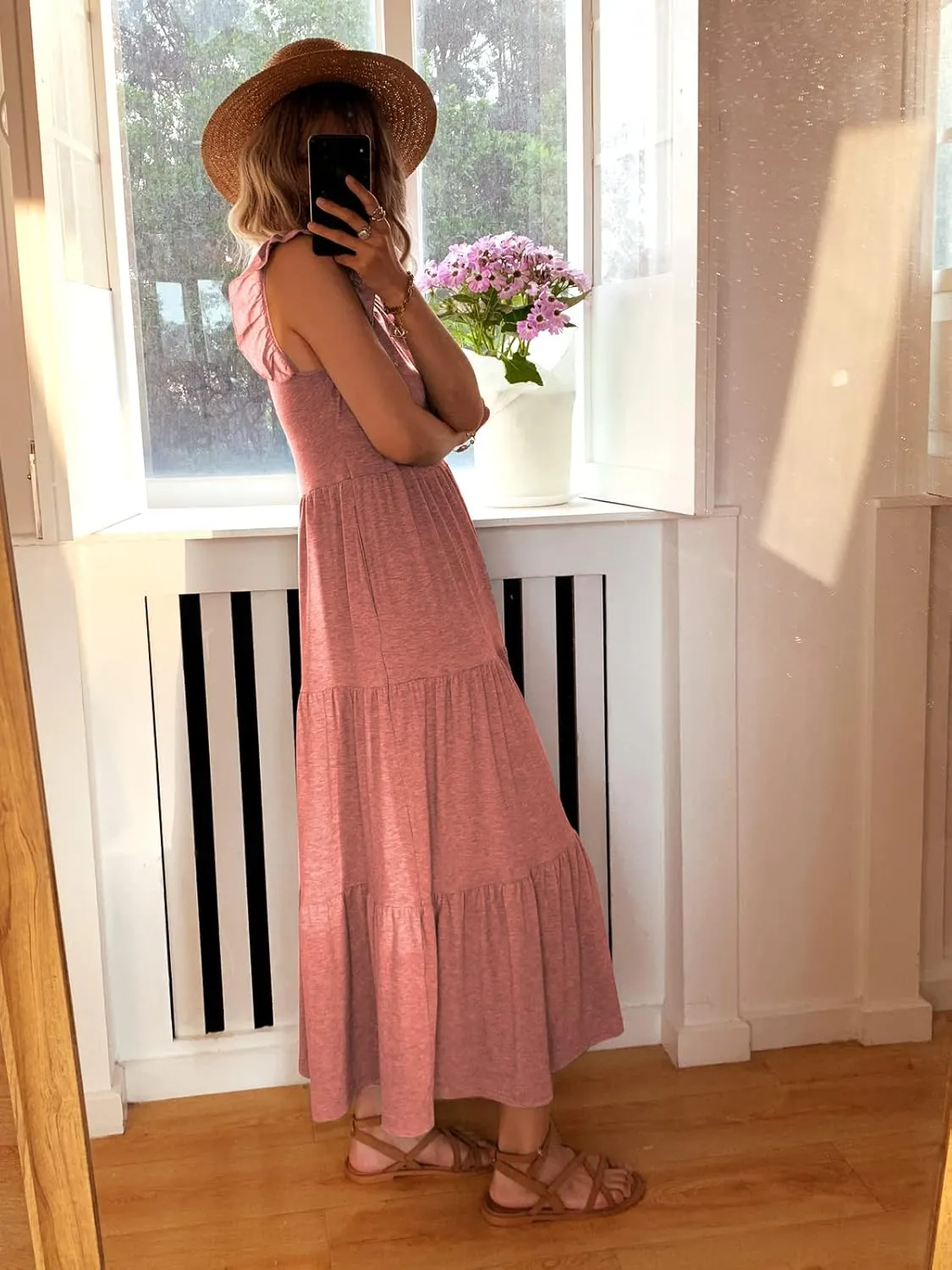 Women's Summer Sleeveless Maxi Dress Ruffle Sleeve Crewneck Tiered Flowy Pleated Casual A Line Sundress with Pockets
