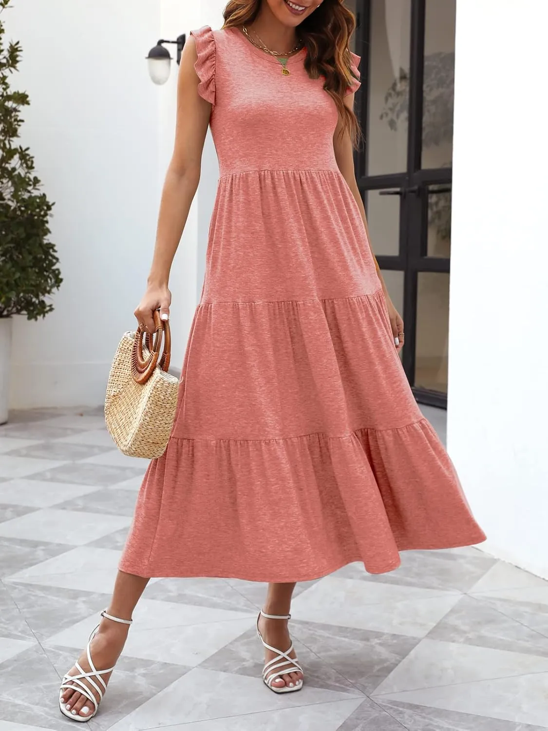 Women's Summer Sleeveless Maxi Dress Ruffle Sleeve Crewneck Tiered Flowy Pleated Casual A Line Sundress with Pockets