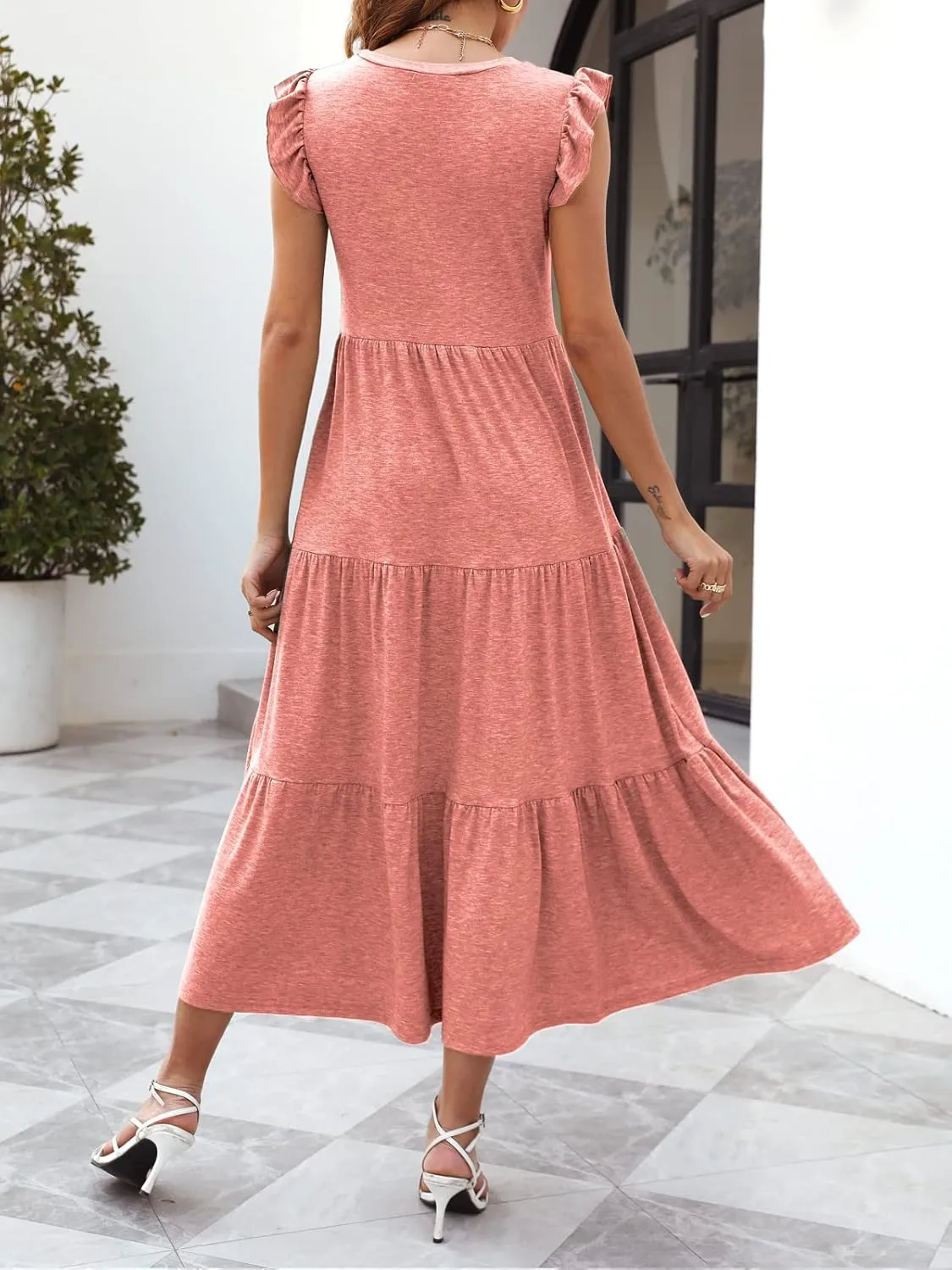 Women's Summer Sleeveless Maxi Dress Ruffle Sleeve Crewneck Tiered Flowy Pleated Casual A Line Sundress with Pockets
