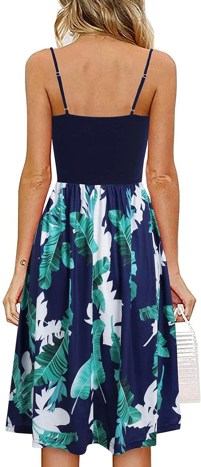 Women's Summer Spaghetti Straps Dress V-Neck Gathered Front Floral Patterned Casual Sundresses with Pockets