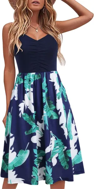 Women's Summer Spaghetti Straps Dress V-Neck Gathered Front Floral Patterned Casual Sundresses with Pockets