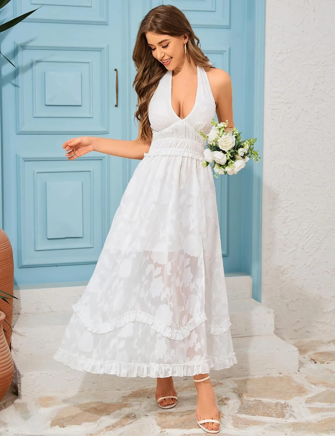 Women's Summer Sundress Sleeveless Halter V Neck Boho Floral Maxi Dress Elastic Waist Ruffle Spring Vacation Outfits