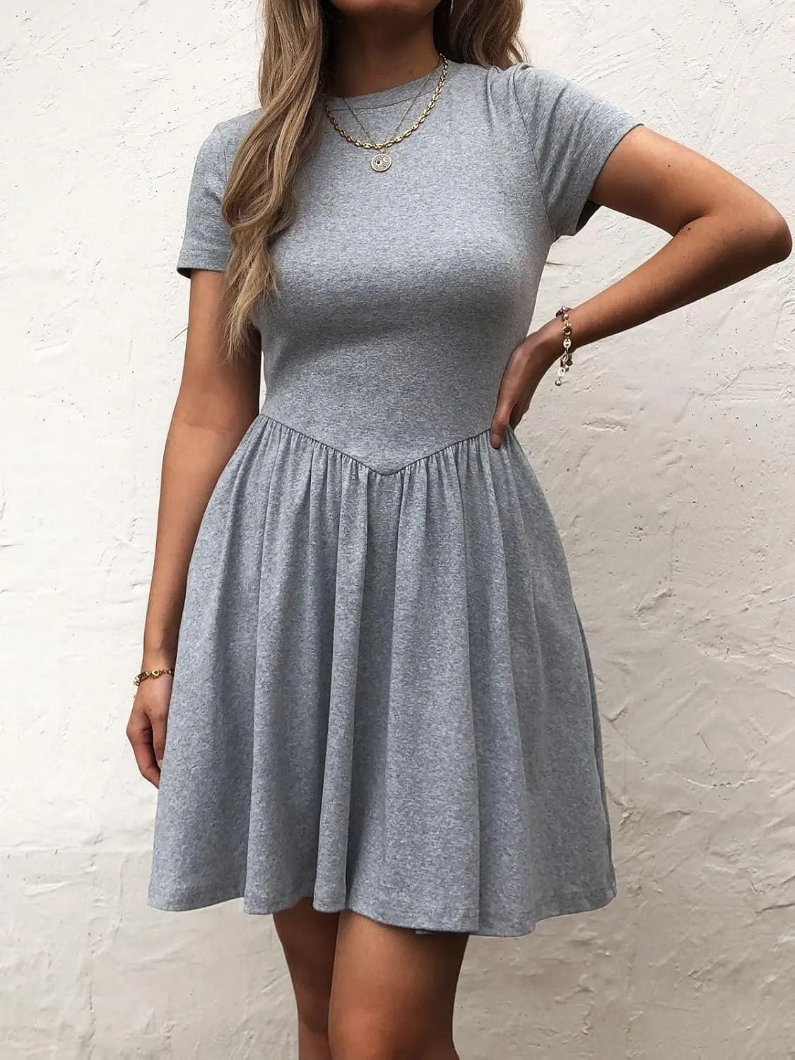 Womens Summer T Shirt Dress Short Sleeve Casual Mini Dresses Drop Waist Swing A Line Dress with Pockets