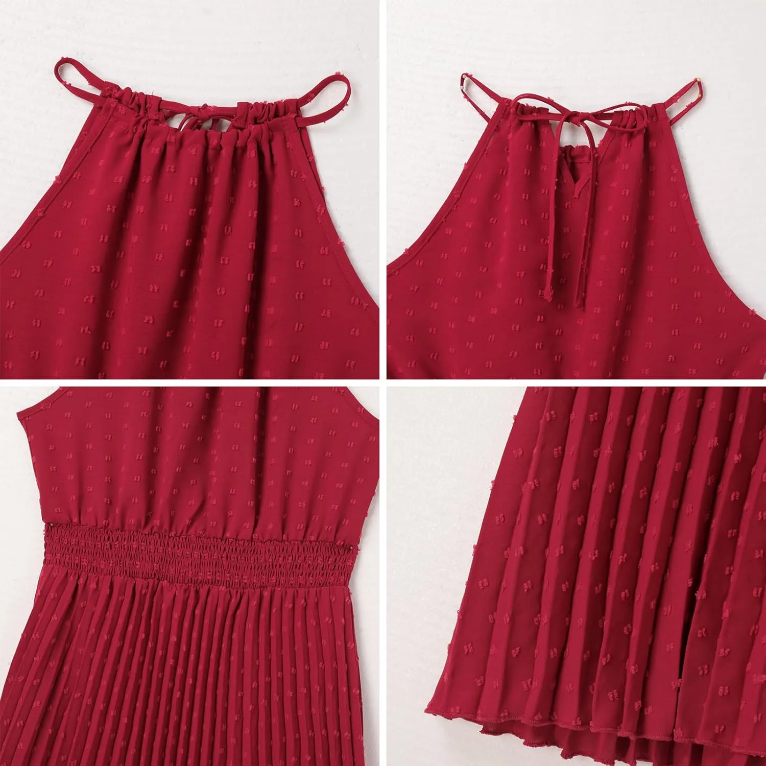 Women's Sun Dresses Summer Casual Midi Dress Sleeveless Halter Swiss Dot Pleated Beach Wedding Guest