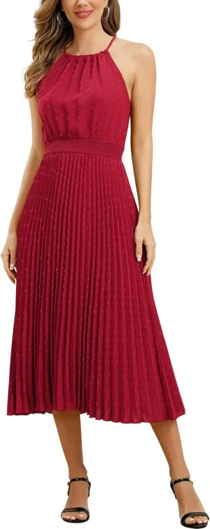 Women's Sun Dresses Summer Casual Midi Dress Sleeveless Halter Swiss Dot Pleated Beach Wedding Guest