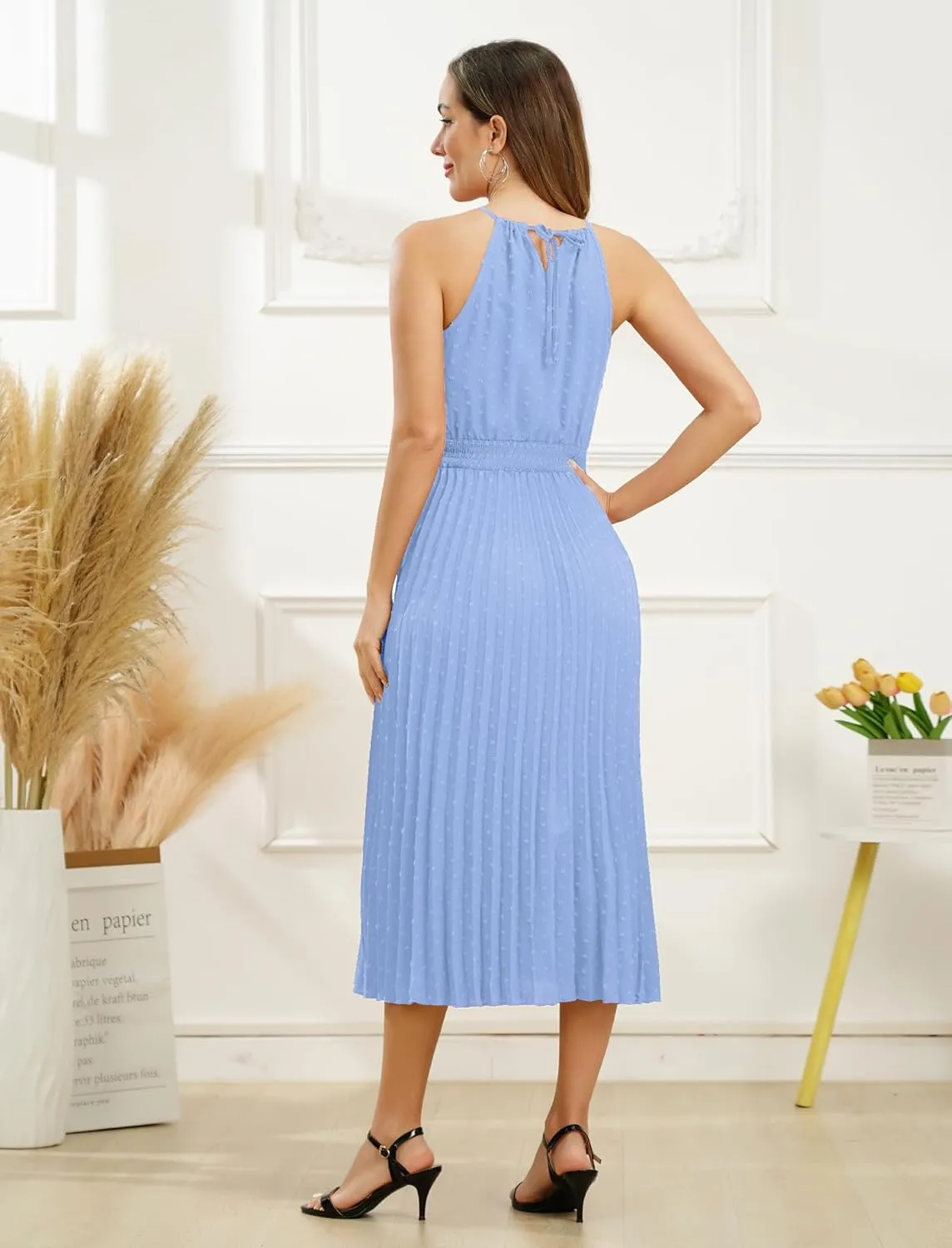 Women's Sun Dresses Summer Casual Midi Dress Sleeveless Halter Swiss Dot Pleated Beach Wedding Guest