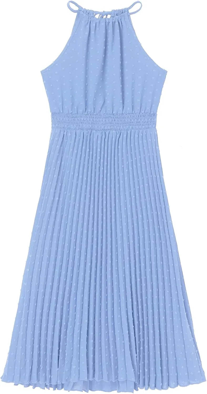 Women's Sun Dresses Summer Casual Midi Dress Sleeveless Halter Swiss Dot Pleated Beach Wedding Guest