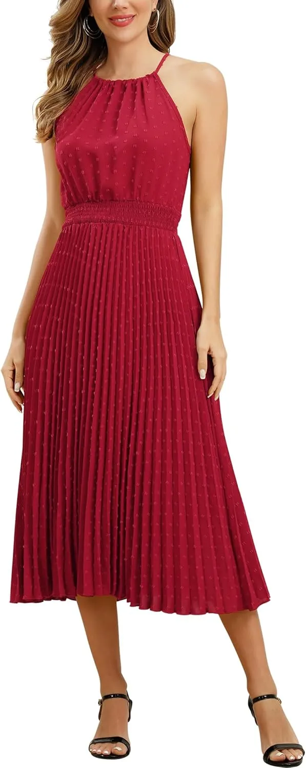 Women's Sun Dresses Summer Casual Midi Dress Sleeveless Halter Swiss Dot Pleated Beach Wedding Guest