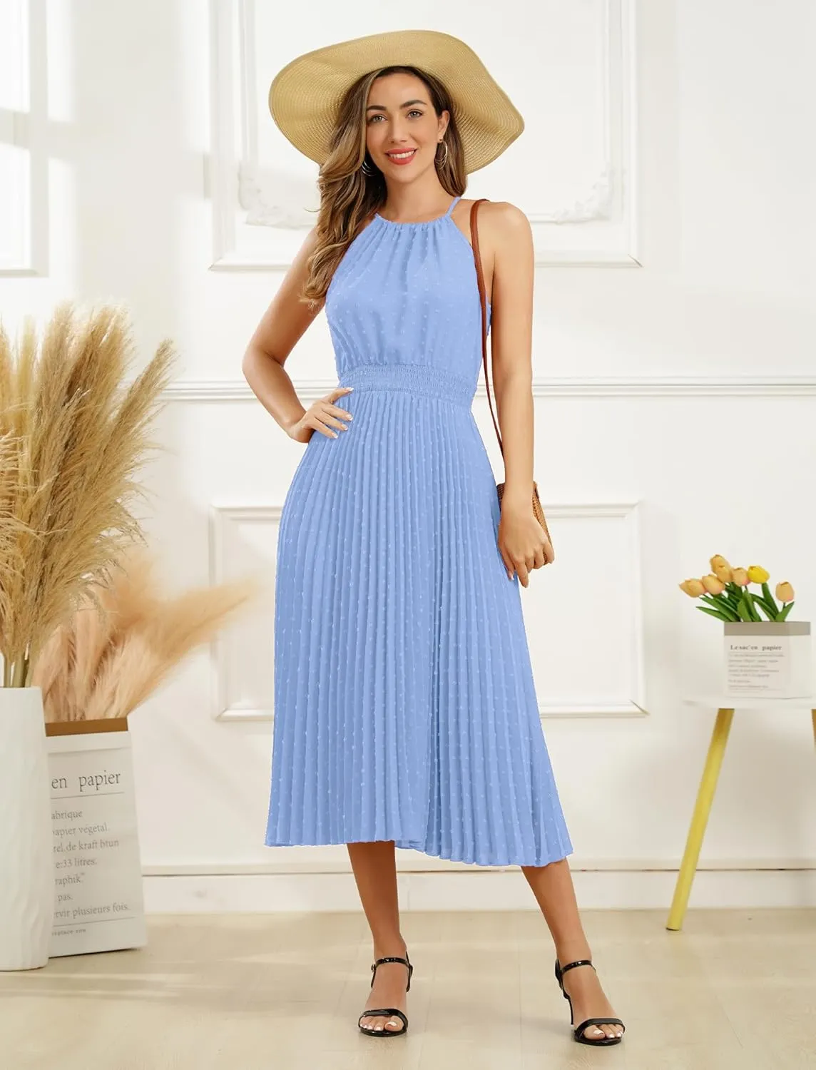 Women's Sun Dresses Summer Casual Midi Dress Sleeveless Halter Swiss Dot Pleated Beach Wedding Guest