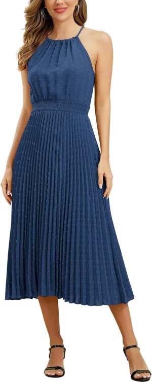 Women's Sun Dresses Summer Casual Midi Dress Sleeveless Halter Swiss Dot Pleated Beach Wedding Guest