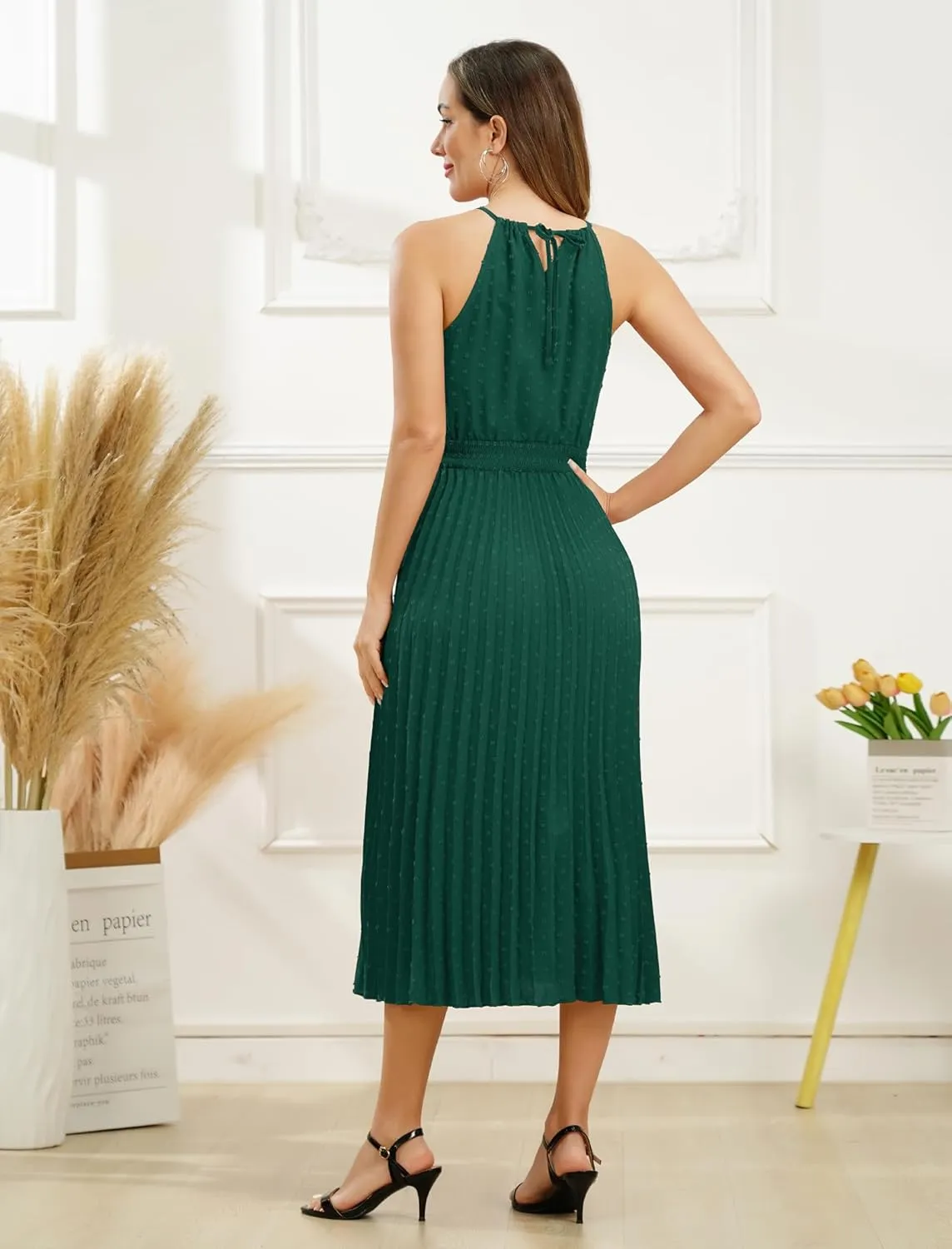 Women's Sun Dresses Summer Casual Midi Dress Sleeveless Halter Swiss Dot Pleated Beach Wedding Guest