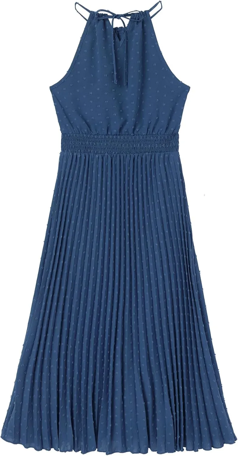 Women's Sun Dresses Summer Casual Midi Dress Sleeveless Halter Swiss Dot Pleated Beach Wedding Guest